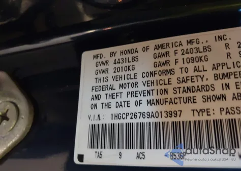 2009 Honda Accord 2.4 Ex from USA, damaged, VIN 1HGCP26769A013997